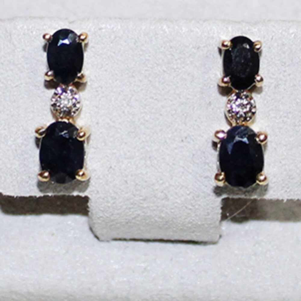 Gold Sapphire and Diamond Drop Earrings - Blue